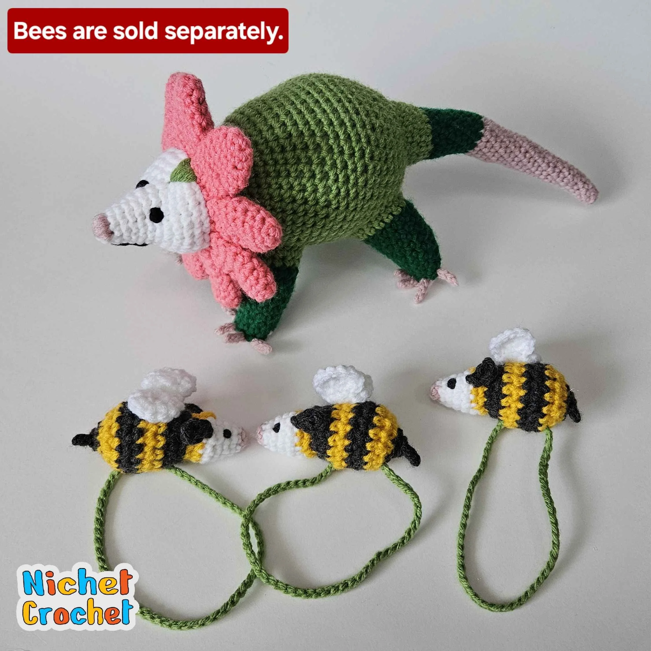 Crochet Pink Flower Opossum Plush — Nichet Crochet